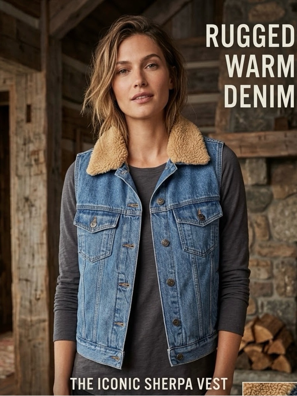 Women’s Blue Denim Vest with removable Tan Sherpa Collar